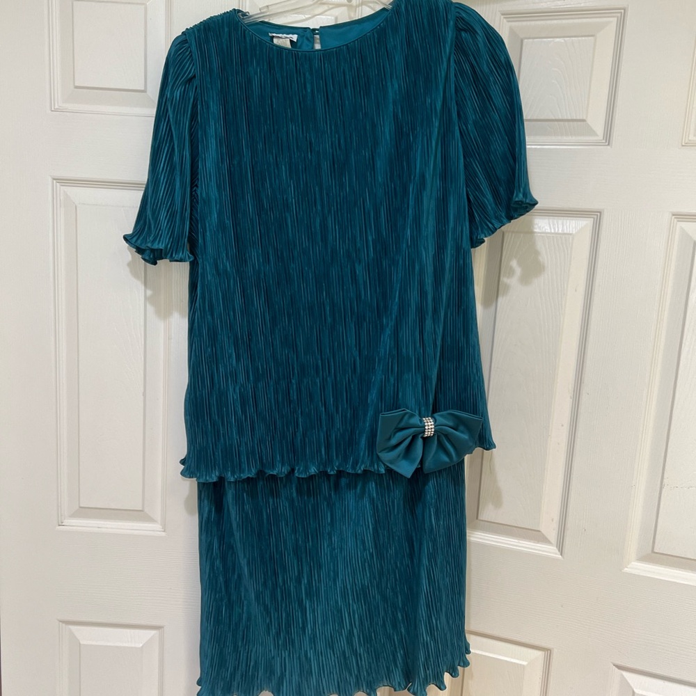 VNG Plisse Tiered Layer Pleated Loose Ruffle Green Dress Mother Of Bride 2XL - Picture 3 of 12